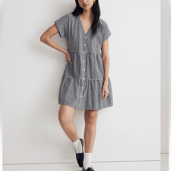 Madewell Dresses & Skirts - Madewell Cuff-Sleeve Button-Front tiered Mini Dress in Gingham Check XL